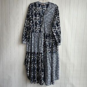 Dress Addict size L maxi dress blue patchwork long sleeve v-neck cotton boho